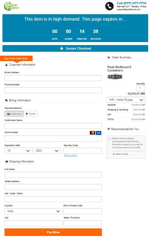 Peak BioBoost order page